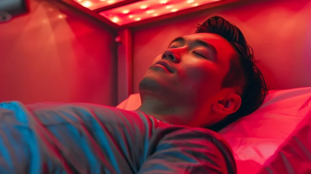 Man in Red light getting therapy at The Space Aesthetics | San Mateo, CA