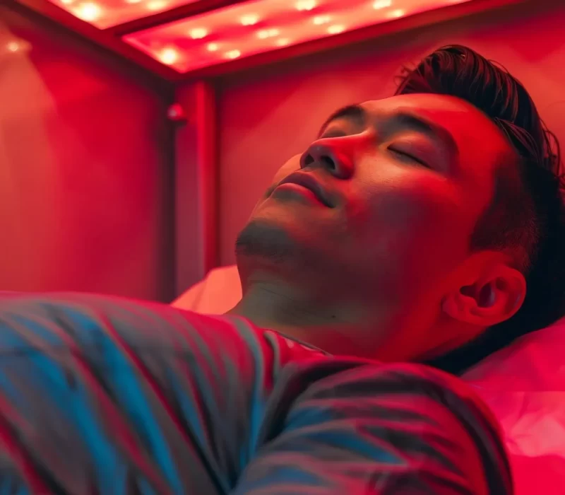 Man in Red light getting therapy at The Space Aesthetics | San Mateo, CA